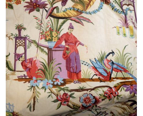 A pair of curtains in a heavy glazed cotton Chinoiserie fabric; triple pinch-pleat heading, thick thermal lining with cotton 