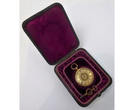 A lady's cased continental yellow gold, open-faced pocket watch marked '18K'&nbsp;: the textured chapter ring with Roman nume