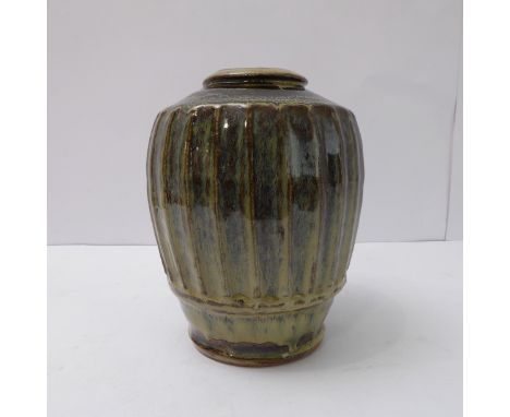 Mike Dodd (Winchcombe Pottery and Dove Workshop, Barton Road, Butleigh), ribbed bottle vase; brown and green running glaze&nb