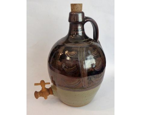 Ray Finch (Winchcombe Pottery, Gloucestershire),&nbsp;cider jar; iron slip, combed decoration, celadon glaze (35cm high)&nbsp