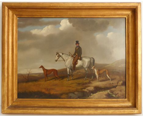 Circle of DAVID DALBY - a gentleman mounted upon his grey hunter in a landscape with his greyhounds, oil on canvas (18¼  x 24