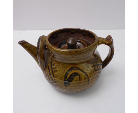 Svend Bayer (Winchcombe Pottery and Wenford Bridge), teapot with recessed lid; finger wipe abstract decoration through 'stand