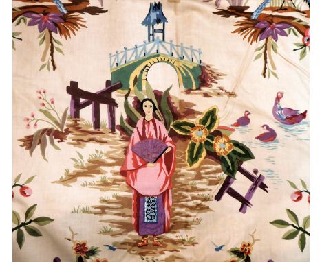 A pair of curtains in a heavy glazed cotton Chinoiserie fabric; gathered heading, thick thermal lining with cotton top lining