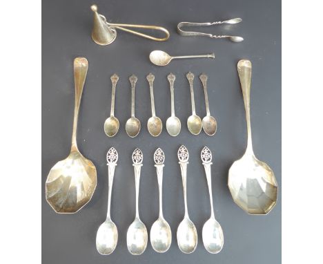 Hallmarked silver flatware comprising:a pair of early 20th century Cooper Brothers dessert serving spoons; a candle-snuffer;s