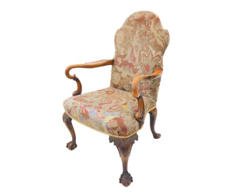A good early 18th century style (later) open-armed library chair: the finely hand-stitched and detailed multi-coloured tapest
