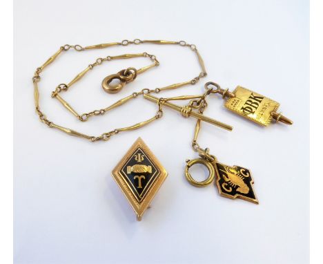 A yellow gold fancy link watch chain with both ring and swivel terminals and suspending enamelled fraternity mementoes (lengt