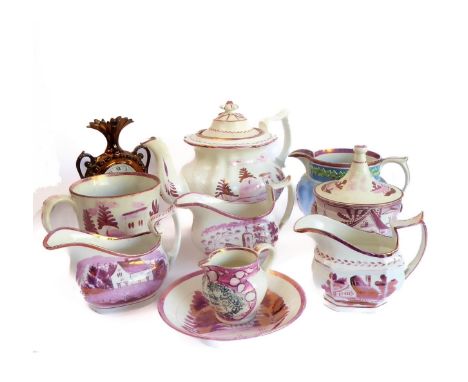 An interesting selection of ten mostly mid-19th century Sunderland lustreware to include:
a teapot (papier mȃché&nbsp;lid), 
