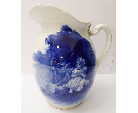 A late 19th to early 20th century Royal Doulton ceramic jug: blue and white decoration of a young child sitting on a log and 