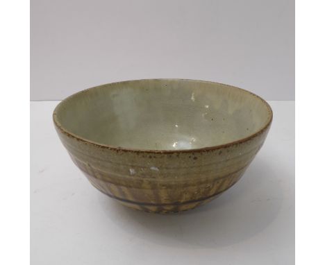Mike Dodd (Winchcombe Pottery and Dove Workshop, Barton Road, Butleigh), bowl; green ash running glaze (23cm diameter)&nbsp;P