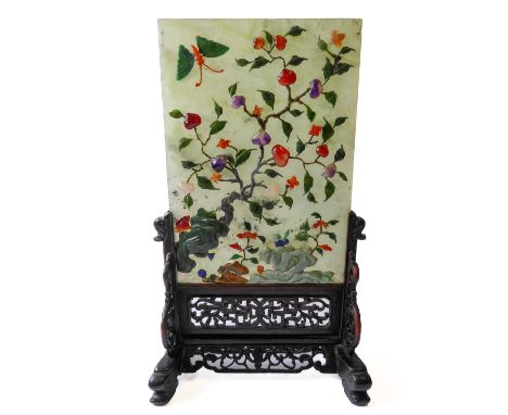 Qing Dynasty, a Chinese mottled celadon jade table screen inlaid with various hardstones including lapis lazuli, amethyst and