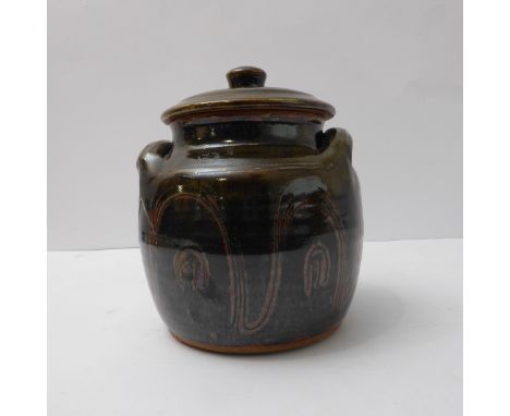 Ray Finch (Winchcombe Pottery, Gloucestershire), lidded storage jar; combed decoration through iron slip under celadon glaze 