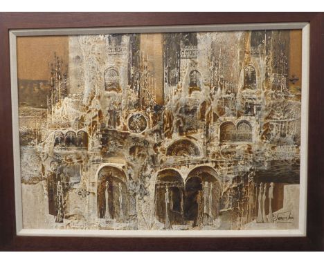 JAN WENCZKA (Polish, b. 1946) - a framed mixed media architectural study on canvas, signed lower right (59.5cm x 84.5cm)