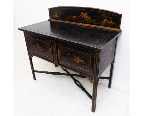 The matching two-door side cabinet: the galleried top decorated with a hunting scene, a mounted Oriental about to spear a run