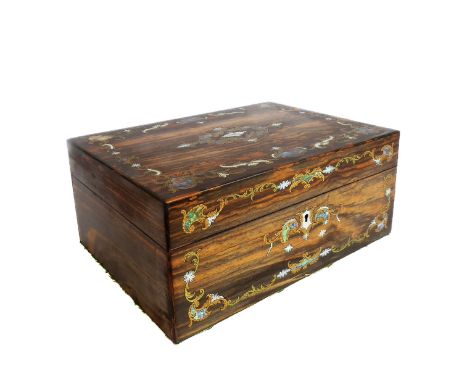 A mid-19th century coromandel jewellery box: mother of pearl and brass inlaid; the hinged lid with monogram to cartouche and 