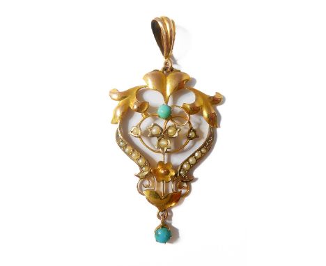 An Edwardian turquoise, half-pearl and yellow gold pendant, of openwork floral foliate and scroll design, the reverse stamped