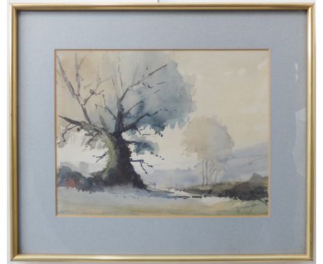 A mid-20th century watercolour sketch of trees within countryside surroundings and hills to the background, indistinctly sign
