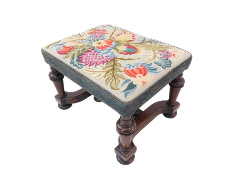 A good and large 19th century walnut stool in early style: later upholstered&nbsp;very fine floral needlework tapestry top; f