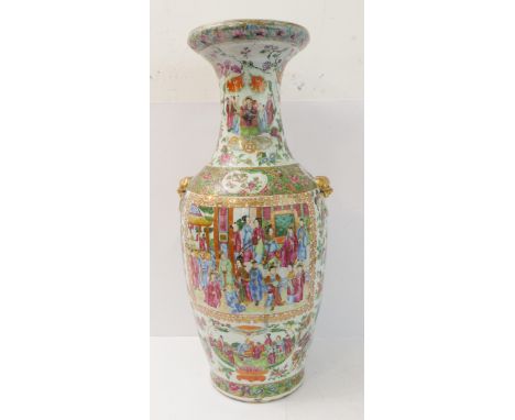 A large 19th century Chinese porcelain Canton vase (restored): flaring neck, two gilded mythical beast mask ring-handles, the