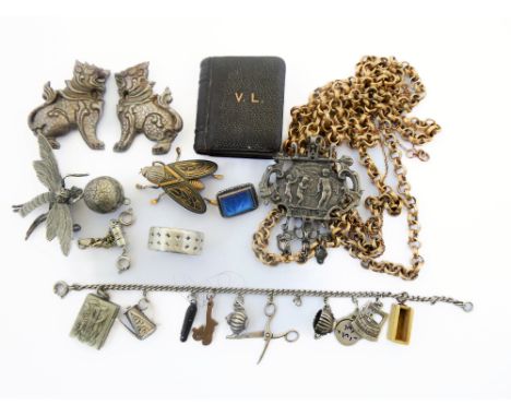 A small collection of Victorian and later jewellery some of Eastern origin including: a curb link bracelet suspending associa