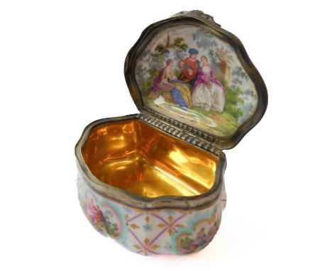 A good 19th century bombe-shaped continental ceramic box and hinged cover (probably French): the cover, inside of cover, main