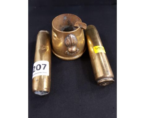 TRENCH ART ASHTRAY AND 2 SHELLS 