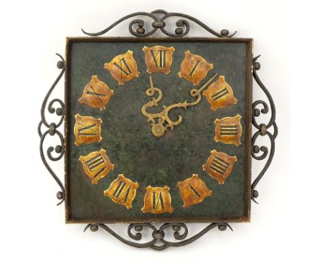 Vintage Wrought Iron Wall Clock. Roman numeral display with decorative hands. Unsigned. Rubbing and wear to frame, glass cove