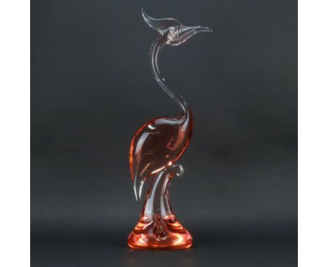 Large Vintage Probably Murano Glass Sculpture, Crested Crane. Unsigned. Surface scratches and small flake to base. Measures 2
