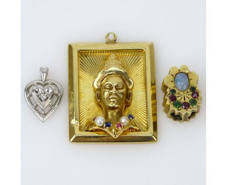 Three (3) Vintage Charms/Pendants/Slides set with Gemstones, Diamonds and Pearls. Two signed 14K. Good condition. Largest mea