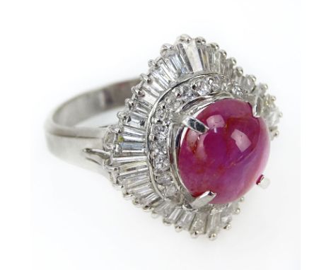 Approx. 4.14 Carat Cabochon Star Ruby, 1.49 Carat Baguette and Round Brilliant Cut Diamond and Platinum Ballerina Ring. Ruby 