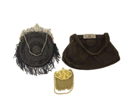 Grouping of Three (3) Antique or Vintage Ladies' Purses. Includes: brown suede purse with art deco clasp, black beaded purse 