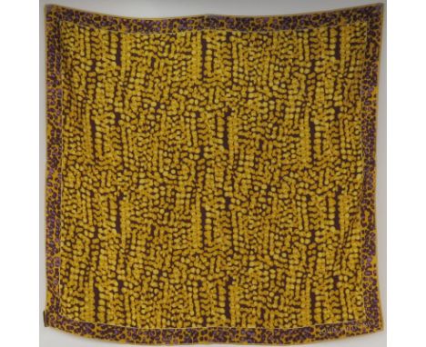 Louis Vuitton Silk Scarf, Gold, Yellow, Purple Print. Labeled appropriately. Very good condition. Measures 34" x 34". No box.