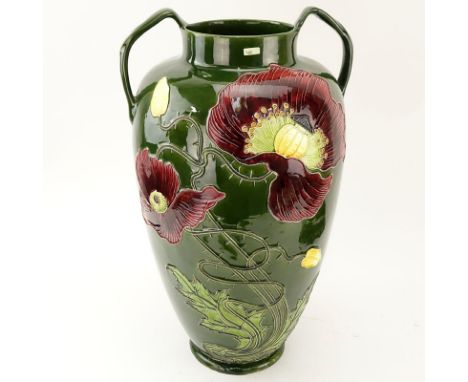 Julius B. Dressler Art Nouveau Majolica Handled Pottery Vase. Depicts several poppy flowers on green ground. Incised Austria 