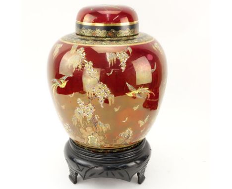 Carlton Ware Oriental Style Rouge Royale Luster Ginger Jar on Wooden Stand. Depicts enameled birds and butterflies with weepi