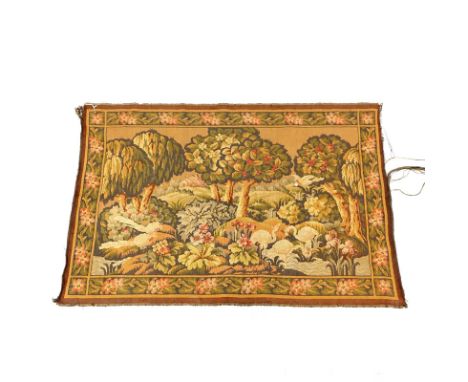 Late 19th Century French Tapestry. Depicts a landscape scene with cottage and birds. Losses to edges, discoloration, as is co