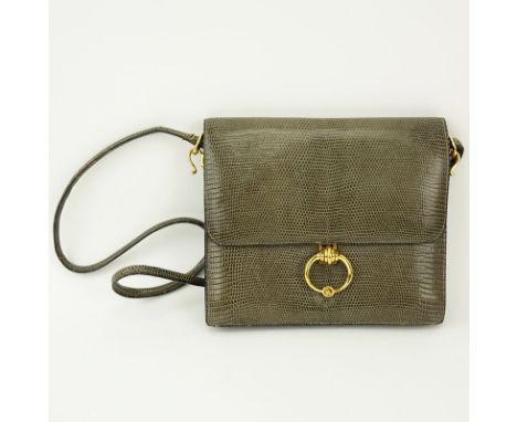 Vintage Hermès Olive Green Lizard Leather Flap Clutch Shoulder Bag. With gold-tone hardware, locking "knocker" closure. Smoot
