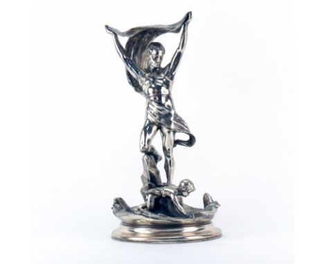 Eugen Marcus Style Art Nouveau Silver Metal Centerpiece Sculpture. Depicts a male figure holding up a structure and young boy