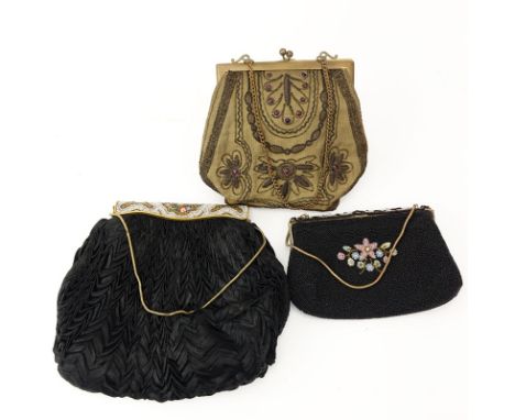 Grouping of Three (3) Antique or Vintage Ladies' Purses. Includes: black ruffle purse with art deco clasp, needlepoint purse 