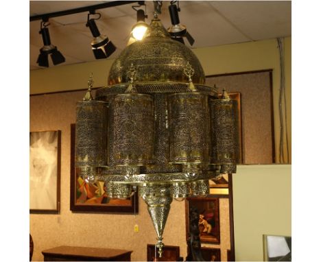 Large Mid 20th Century Moroccan Brass Chandelier with Filigree Islamic Design. Unsigned. Good condition. Measures approx. 38"