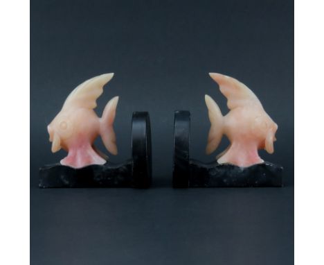 Pair of Italian Art Deco Style Alabaster Angel Fish Bookends. Some scuffs to surface, natural inclusions. Measures 5-1/2" H x