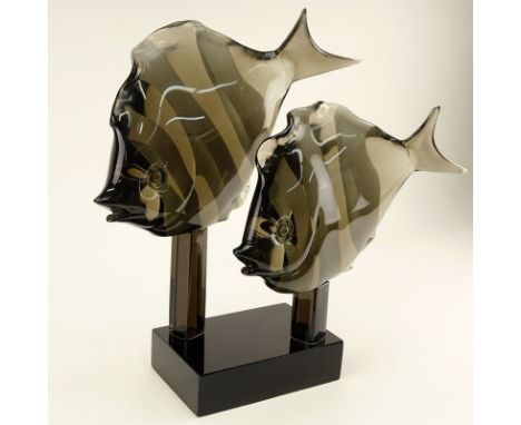 Vintage Licio Zanetti Art Glass Angel Fish Sculpture. Signed on base. AS IS condition, both fish have come off their stands, 