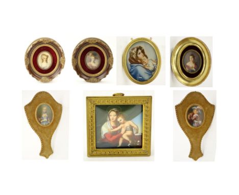 Grouping of Seven (7) Antique or Vintage Hand Painted Victorian Miniature Portraits on Celluloid. Depicts various scenes of f