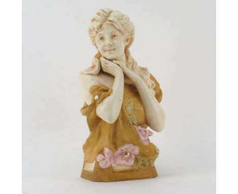 Antique Royal Dux Art Nouveau Polychrome Satin Glaze porcelain Bust Modeled as Young Woman. Signed "Herman Schubert, 1904" on