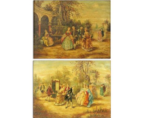 Pair of After: Antoinette Haudebourt-Lescot, French (1784-1845) 18th Century Style Oil on Panels Signed Lower Left. Depicts s