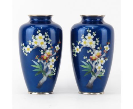 Pair of Antique Japanese Cloisonné Cobalt Blue Enamel Vases. Cherry blossom and foliage motif. Good condition. Measures 7-1/2