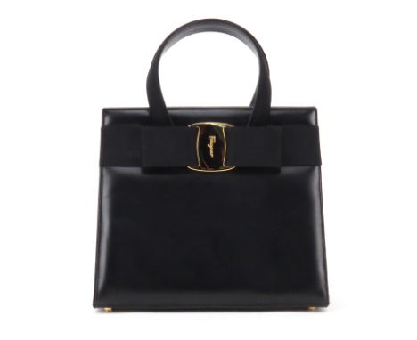 Salvatore Ferragamo Black Leather Lady Vara GM Kelly Handbag. Features gold-tone hardware, dual leather and canvas top handle