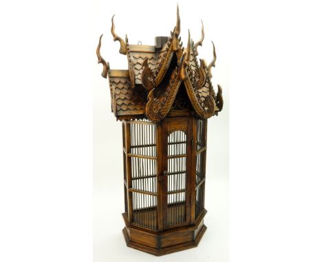 Antique Thai Hand Carved Teak Wood Bird House. Nicely carved dragon scale style roof with carved finials, electrified. Good c