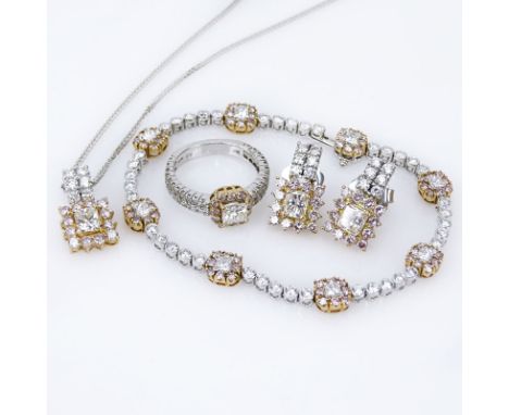 Five (5) Piece Mayor's Approx. 10.37 Carat Diamond, Platinum and 18 K Gold Bracelet, Pendant Necklace Ring and Earring Suite,