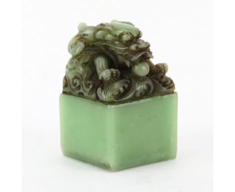 Chinese Carved Jade Chop Seal Stamp. Squared form carved dragon motif to top and with finely carved calligraphy on underside.