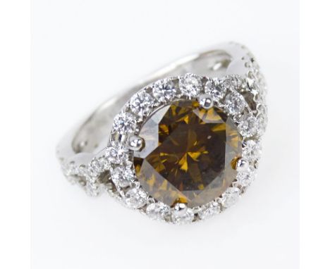 Approx. 3.23 Carat Round Brilliant Cut Fancy Intense Brown Orangey Yellow Diamond and 18 Karat White Gold Engagement Ring acc