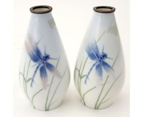 Pair of Pirkenhammer Art Nouveau Dragonfly Relief Porcelain Vases. Signed on underside. needs cleaning. Measures 4-1/2" H. Sh